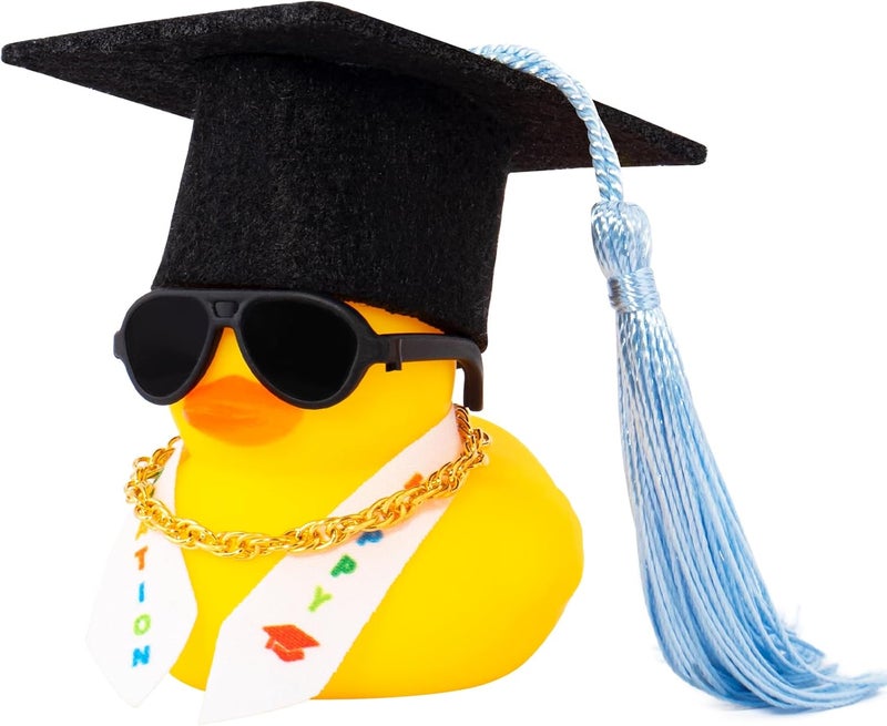wonuu Graduation Stole Rubber Ducks, Dashboard Decorations Duck for Car Ornament Accessories with Hat Sunglasses Sash Chain (Light Blue) - Image 1
